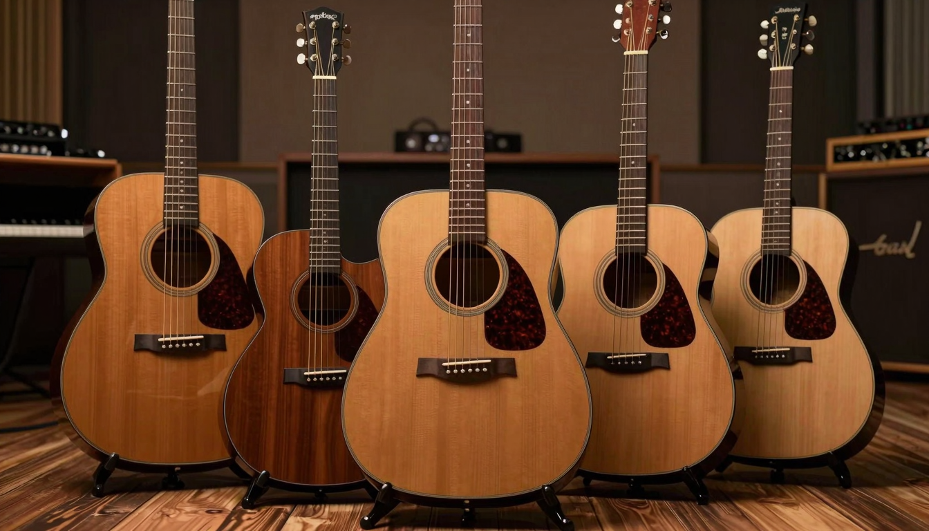Una collezione iconica di chitarre acustiche storiche: Martin D-28, Gibson J-45 e Taylor 814ce illuminate in un ambiente da studio.