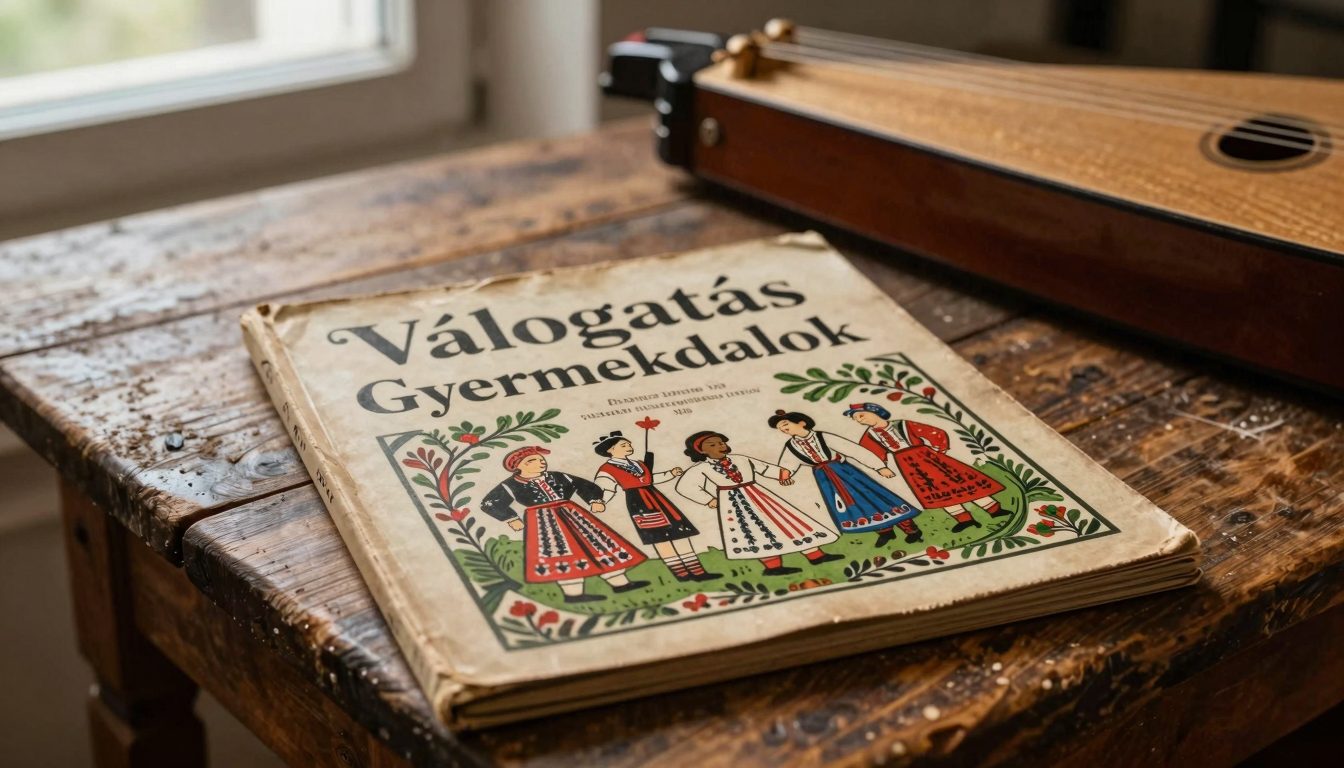 La copertina storica dell'album 'Válogatás Gyermekdalok' con strumenti musicali tradizionali ungheresi su un tavolo di legno, in una luce calda e nostalgica.
