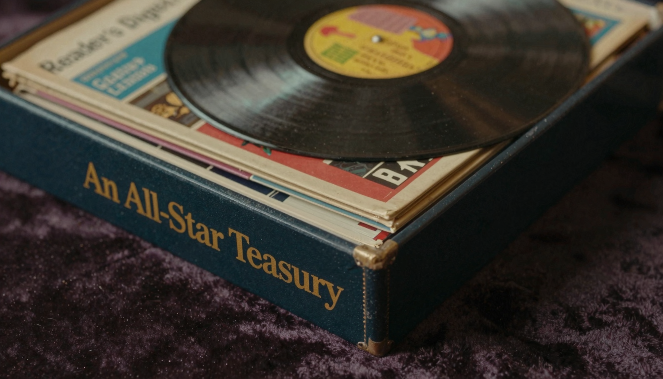 Una dettagliata foto macro della storica compilation 'An All-Star Treasury' di Reader's Digest, in edizione cofanetto, che evoca nostalgia e valore d'archivio.