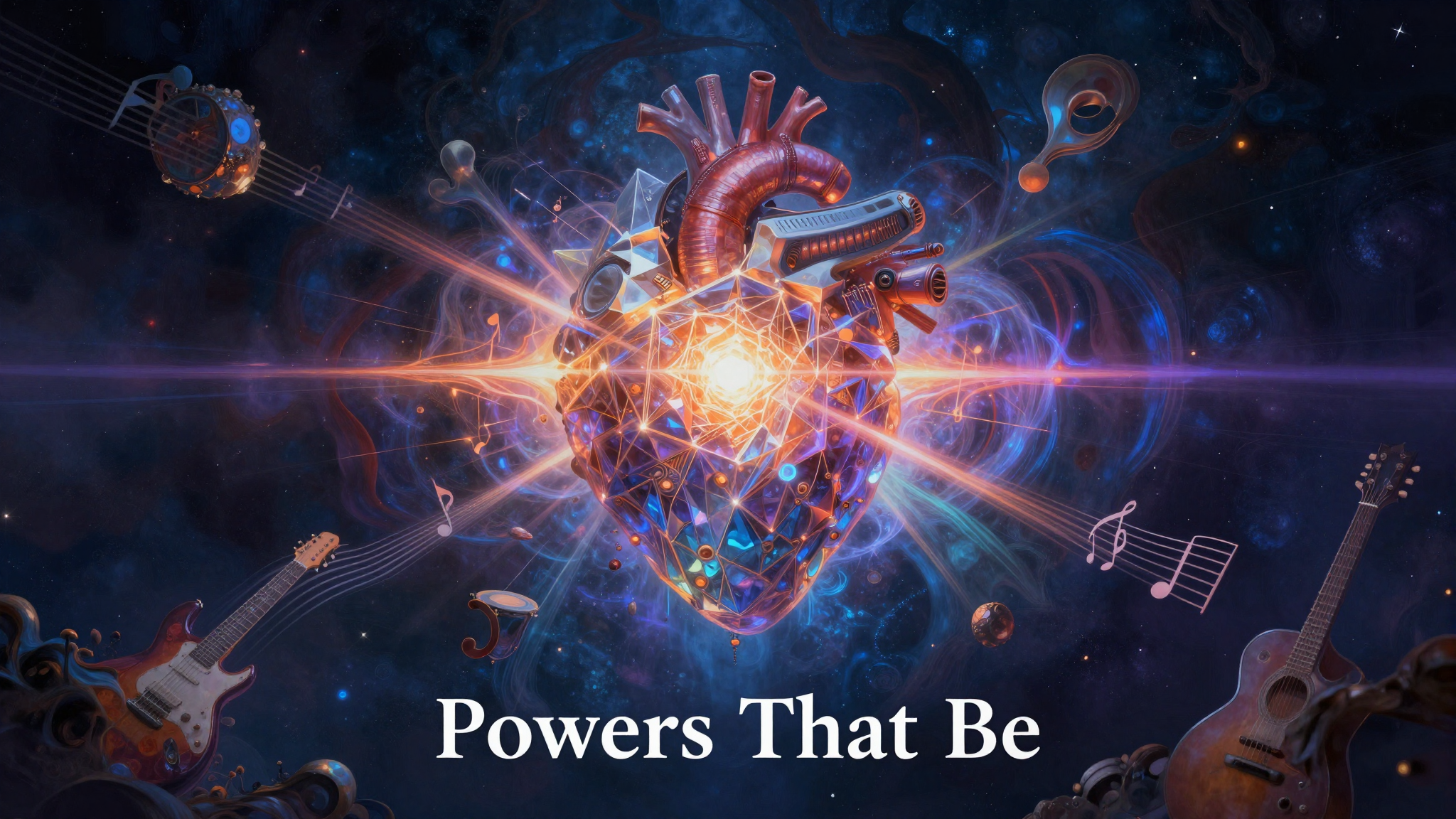 Arte di copertina dell'album Powers That Be, un'immagine surreale e epica che fonde elementi organici e meccanici in uno spazio cosmico, rappresentante la musica progressive metal strumentale.