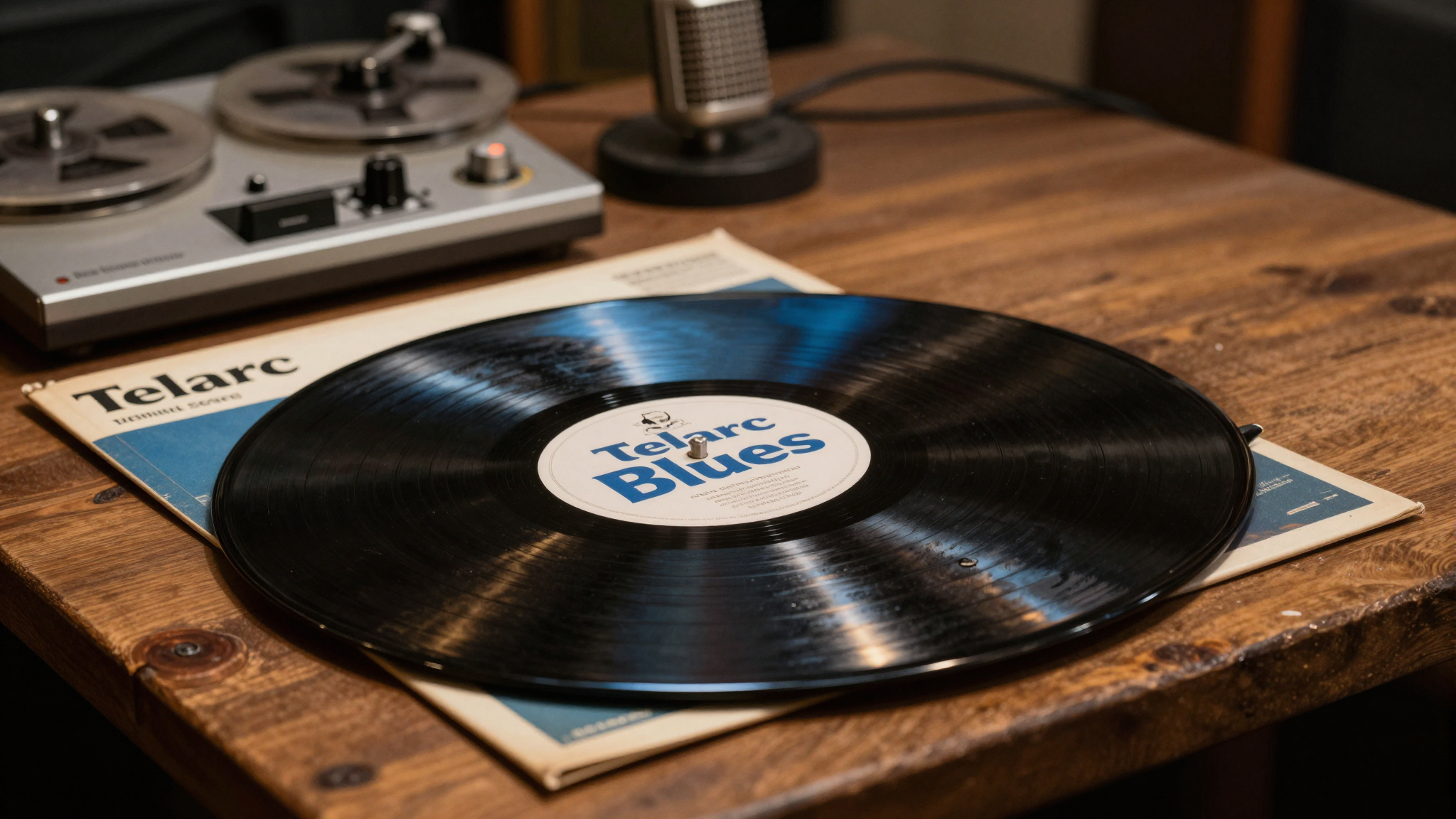 Un vinile della serie Telarc Blues posato su un tavolo in legno vintage in uno studio di registrazione, con attrezzatura analogica in sottofondo.