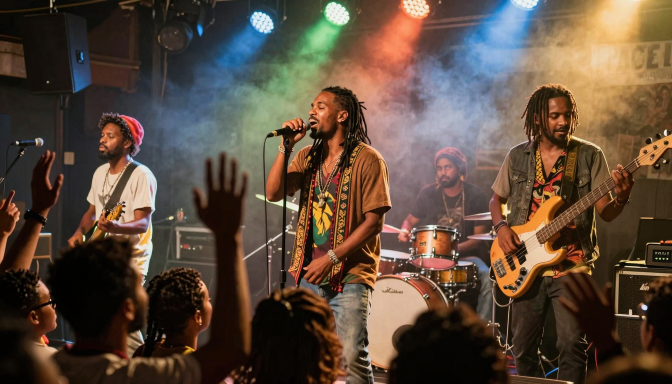 Band reggae dal vivo sul palco con folla che balla, luci colorate e strumenti musicali