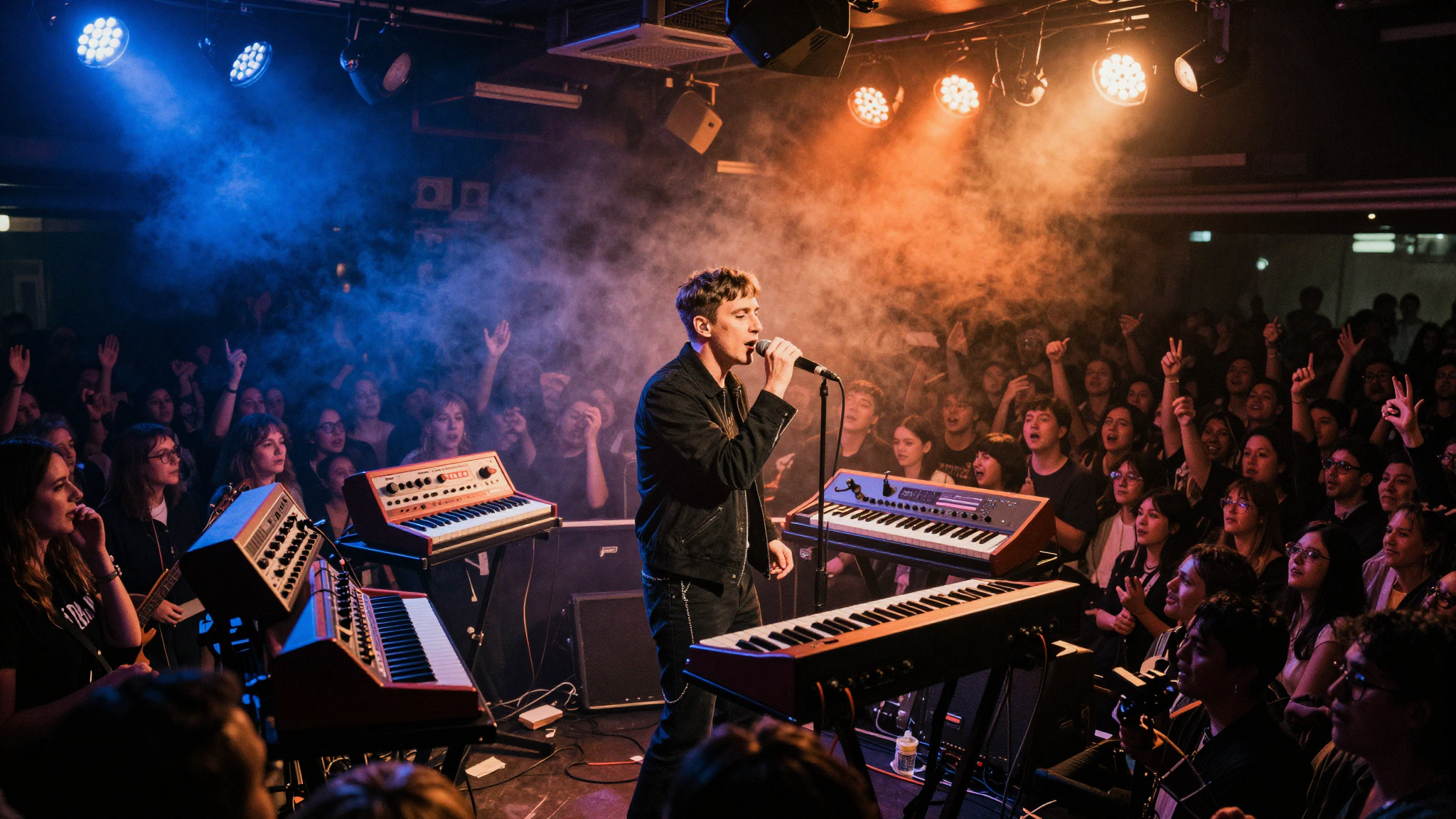 Esibizione live degli LCD Soundsystem sul palco, James Murphy al microfono circondato da sintetizzatori vintage e luci sceniche