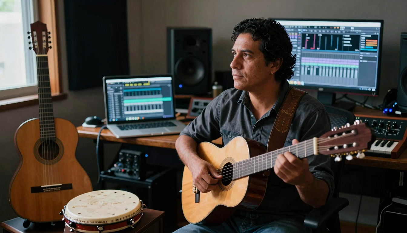 Guiye Frayo, artista eclettico, nel suo studio ibrido dove strumenti tradizionali sudamericani incontrano tecnologia digitale moderna