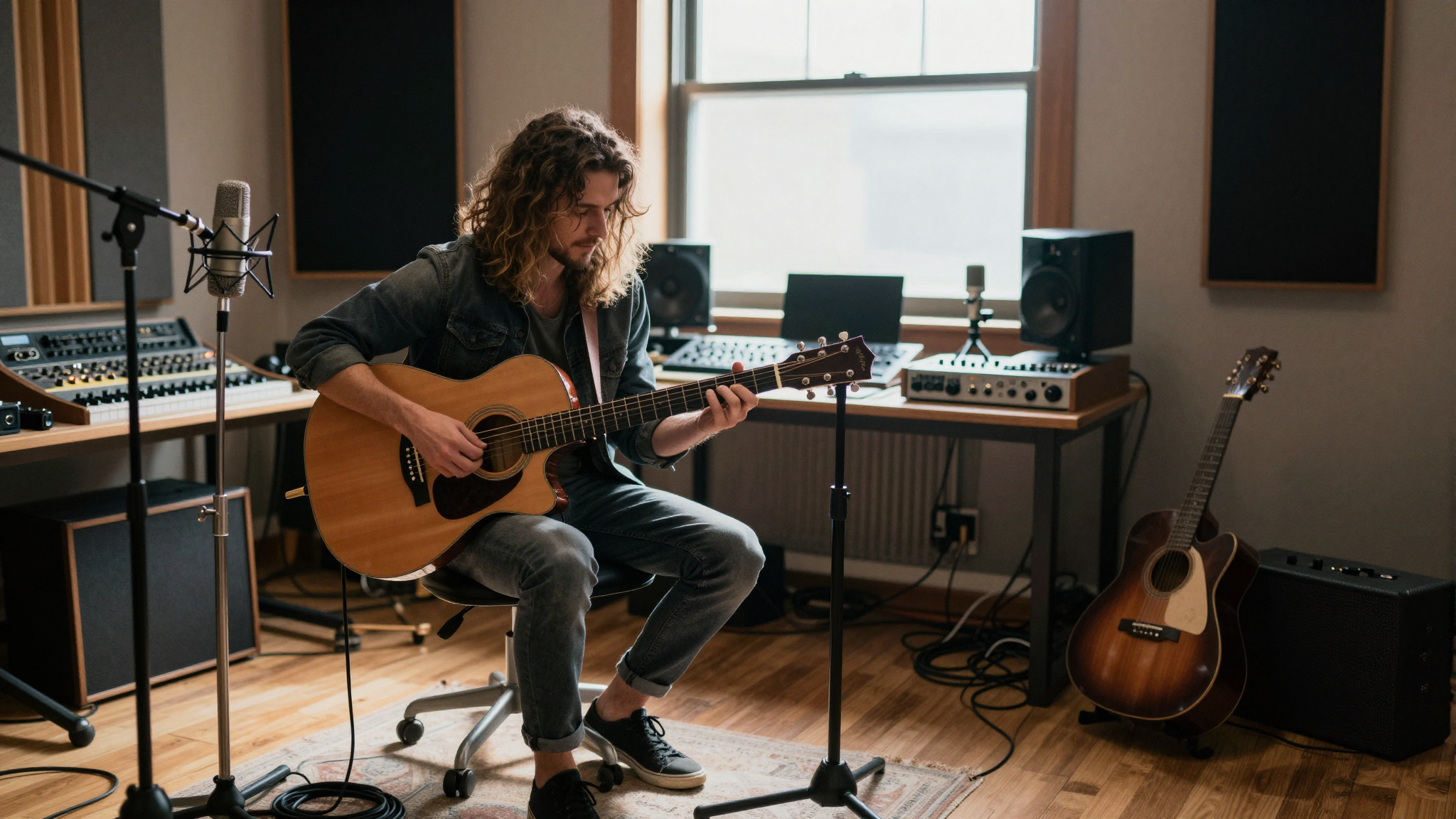 Musicista folk in home studio con chitarra acustica e attrezzatura vintage