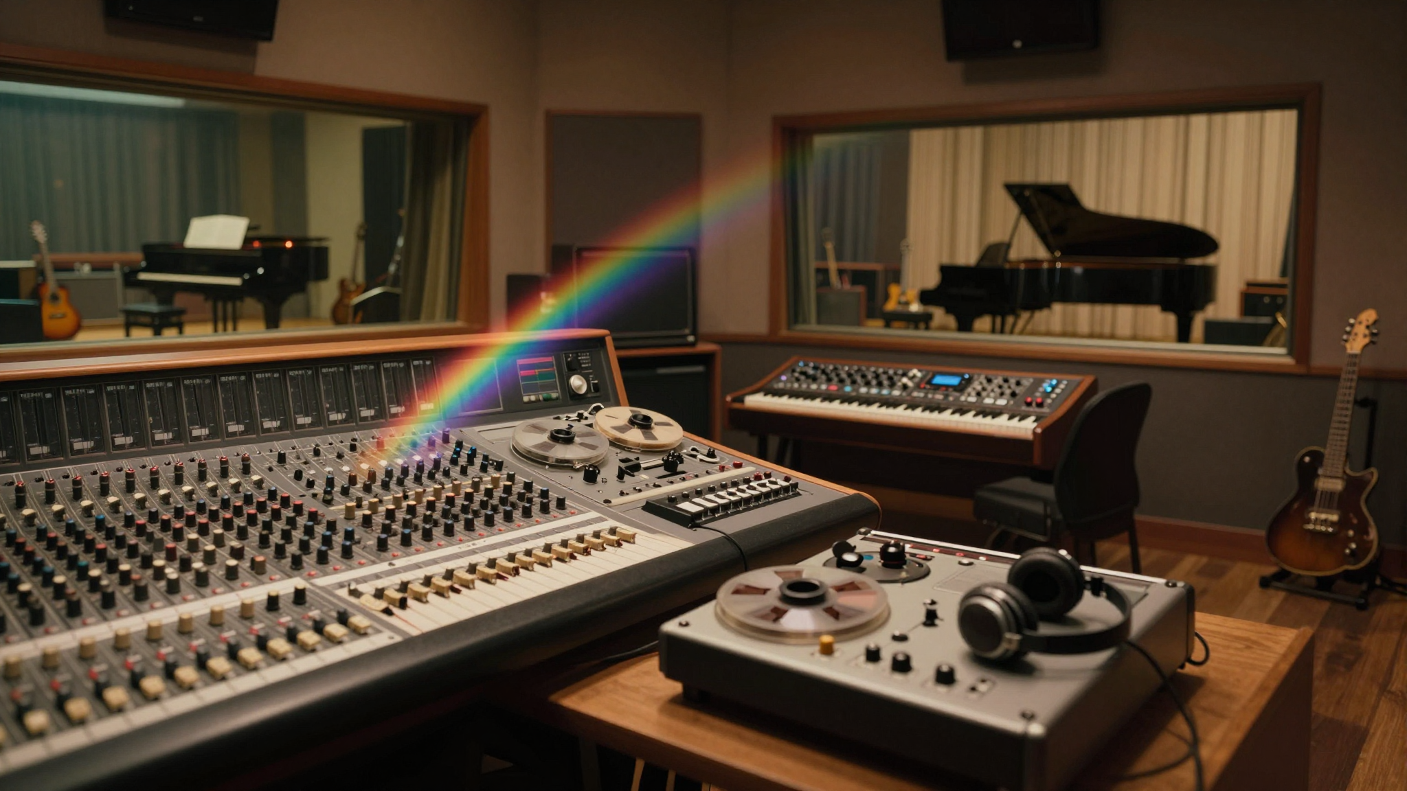 Studio di registrazione vintage con mixer analogico, macchine a nastro e sintetizzatori, atmosfera psichedelica dei Pink Floyd