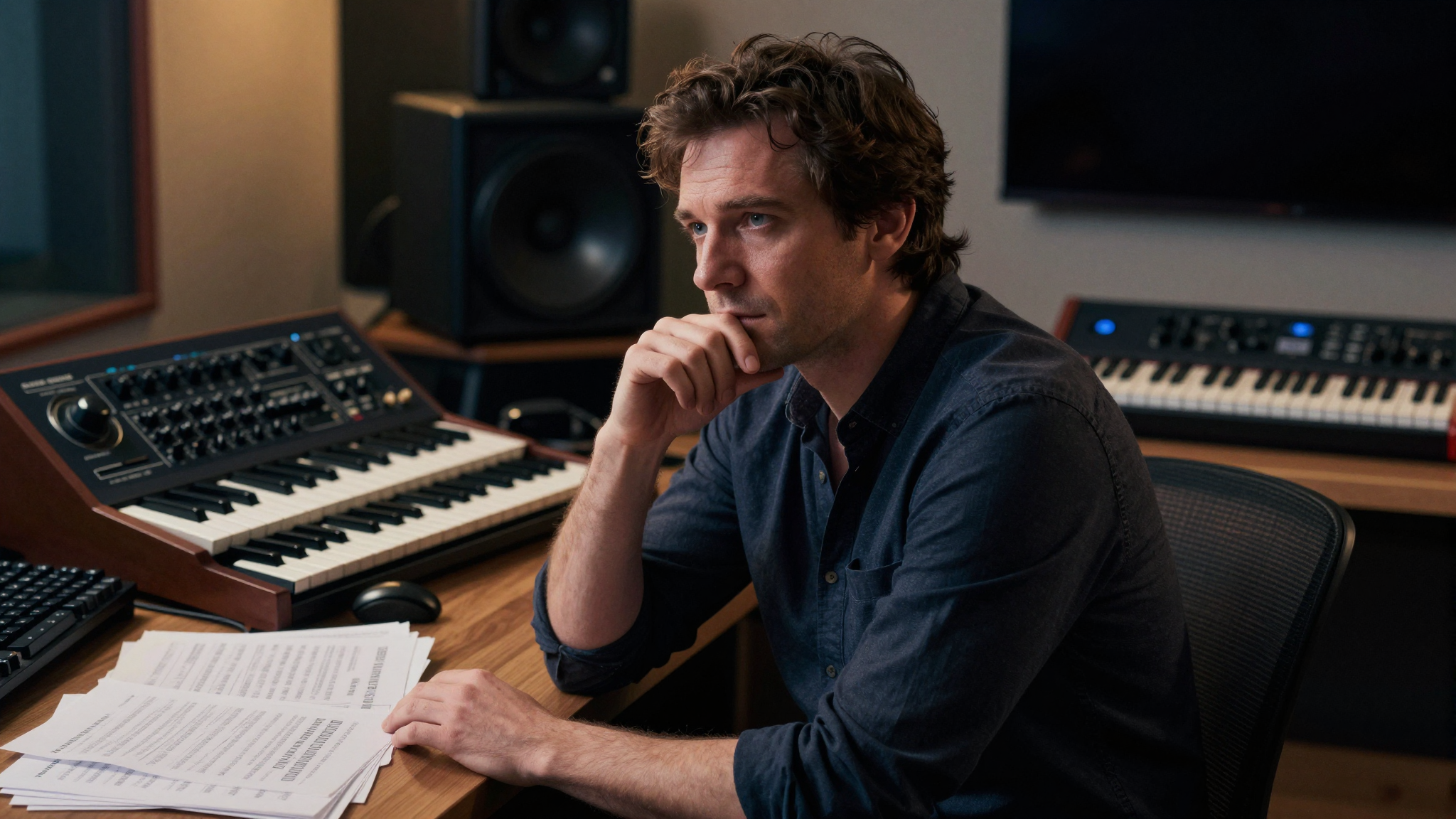 Ritratto fotorealistico di Peter Langlotz nel suo home studio, con synth e spartiti