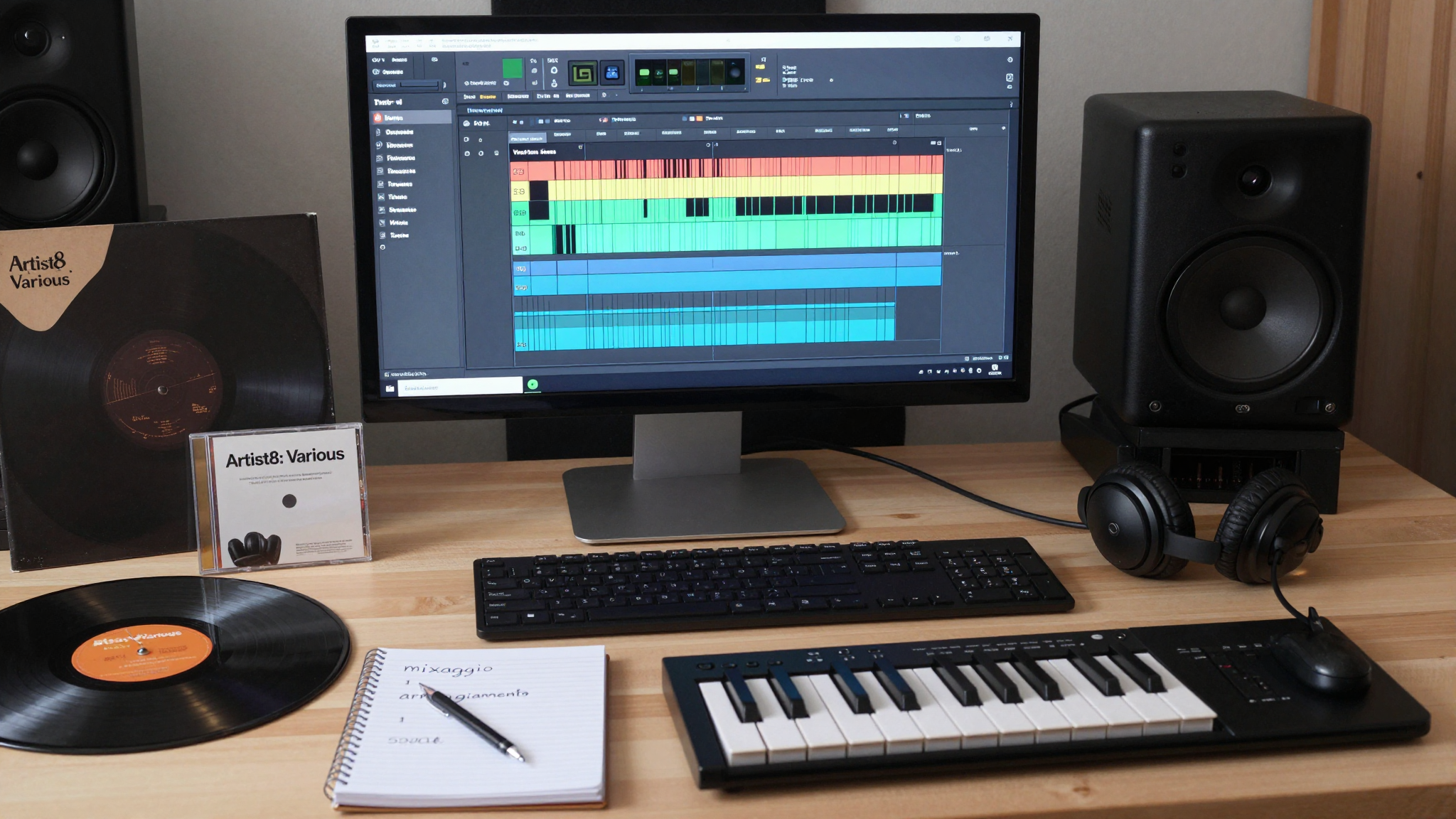 Un home studio con un produttore analizzando la compilation 'Various' di Artist8 su un DAW, con appunti sulle tecniche di produzione.