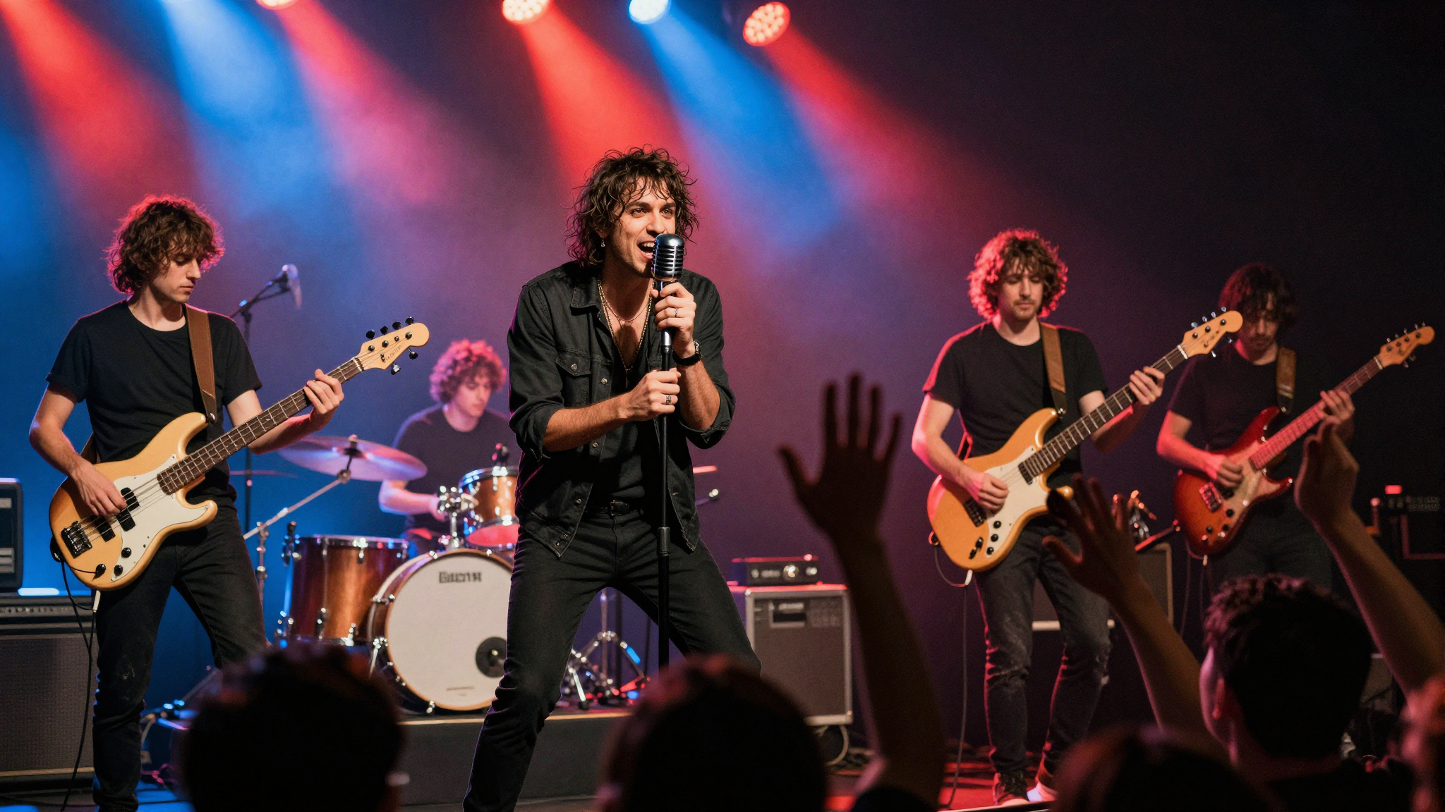 Elio e le Storie Tese in concerto con luci colorate e pubblico entusiasta
