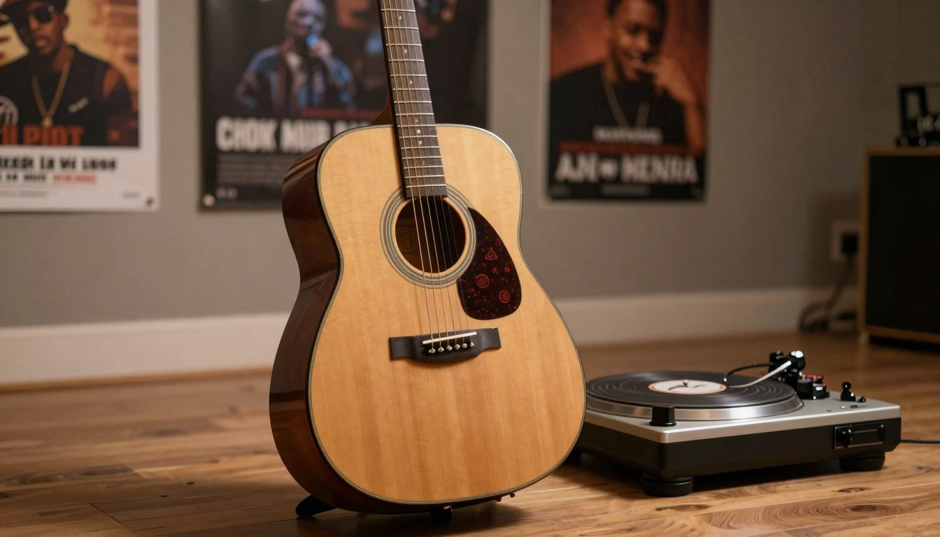 Chitarra acustica vintage appoggiata a un giradischi moderno con microfono, fusione tra folk e hip hop