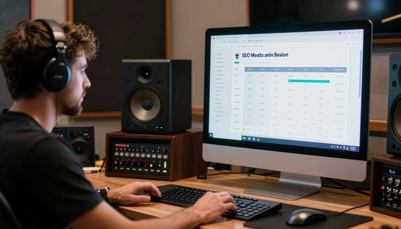 Musicista al computer in home studio con schermo che mostra analisi SEO e parole chiave, attrezzatura audio e strumenti musicali sullo sfondo.