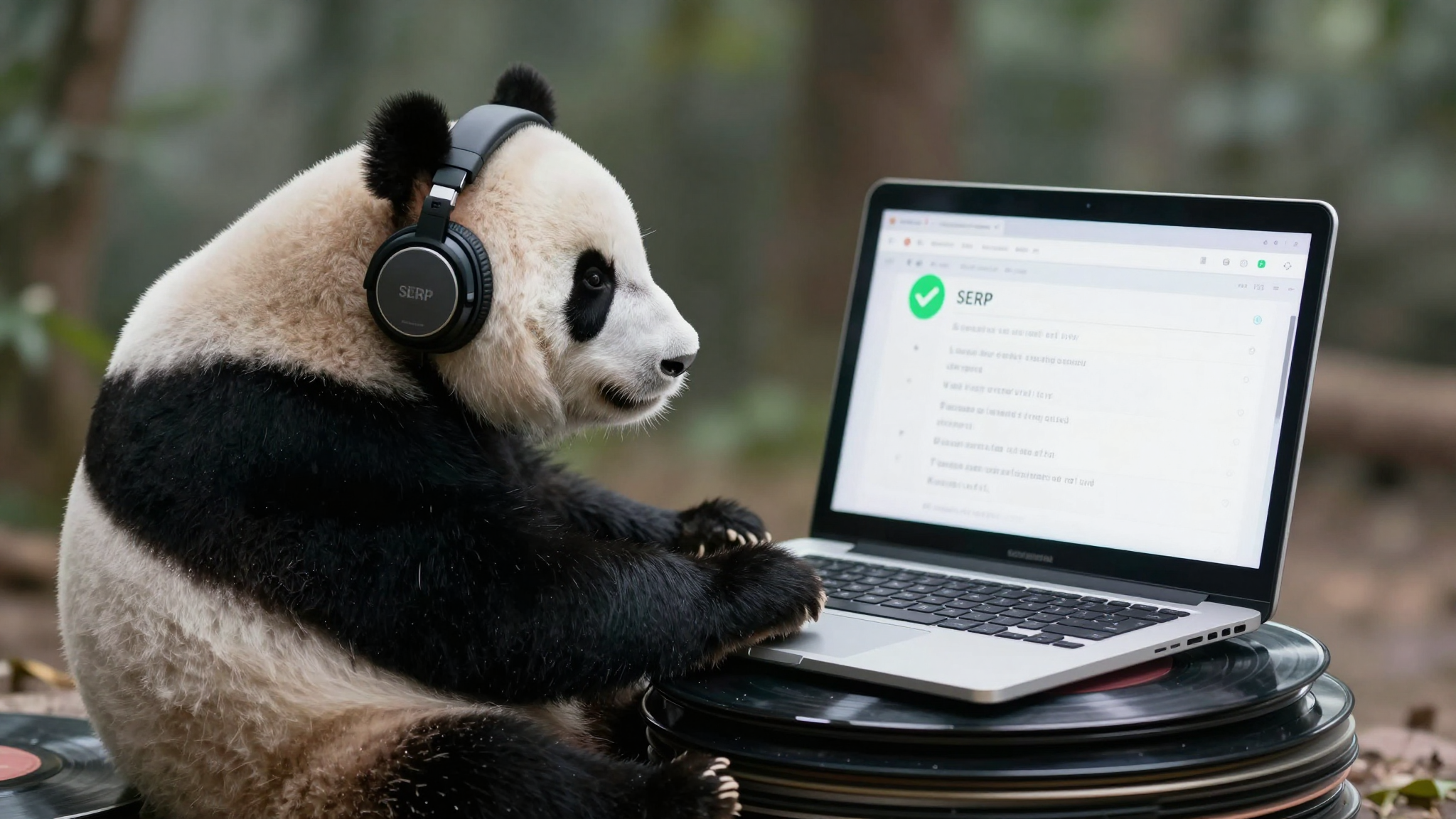 Un panda gigante siede su una pila di dischi in vinile, indossa cuffie e guarda un laptop che mostra risultati di ricerca musicali con un segno di spunta verde.