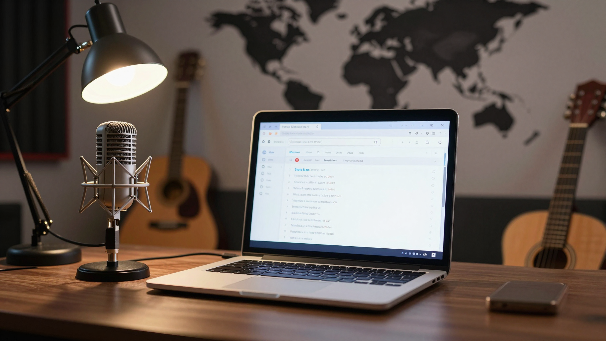 Studio musicale casalingo con laptop che mostra risultati di ricerca musicale, microfono e chitarra in primo piano, illuminazione calda e professionale
