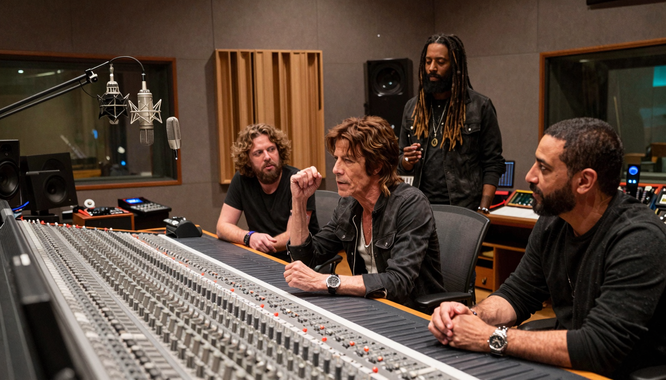 Foto ultrarealistica dei SuperHeavy in studio di registrazione con Mick Jagger, Joss Stone, Damian Marley, Dave Stewart e A.R. Rahman intorno al mixer