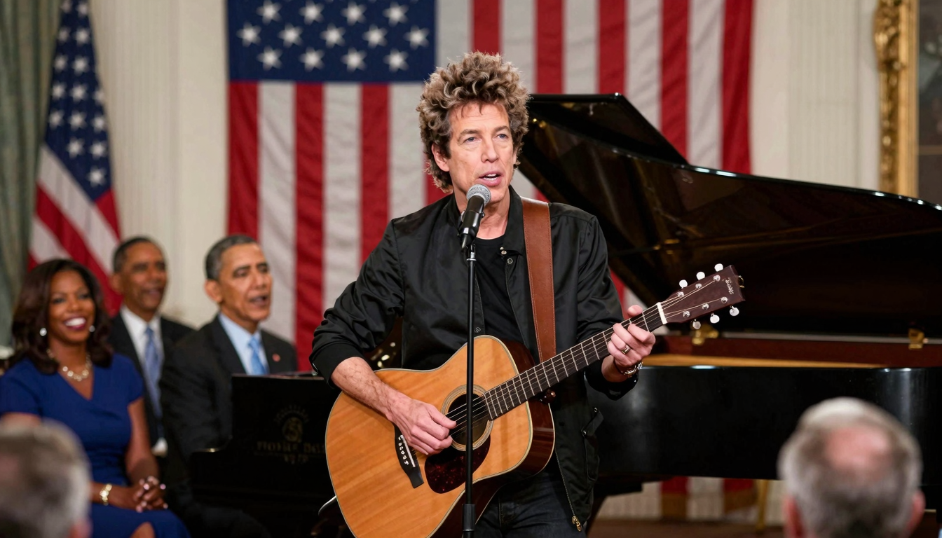 Bob Dylan si esibisce alla Casa Bianca durante il concerto per il Martin Luther King Day, con il Presidente Obama tra il pubblico.