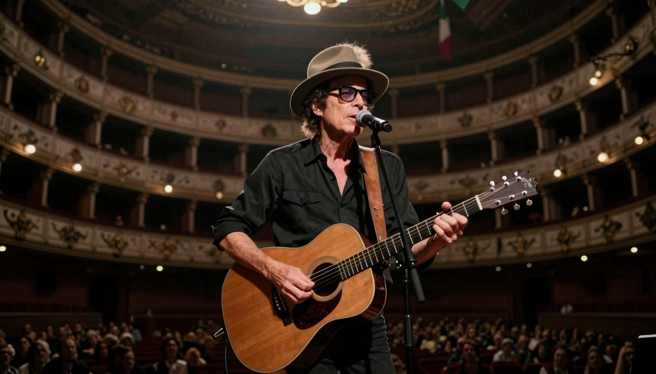 Bob Dylan dal vivo sul palco in un'arena storica italiana durante il Never Ending Tour, con chitarra acustica e atmosfera intima.