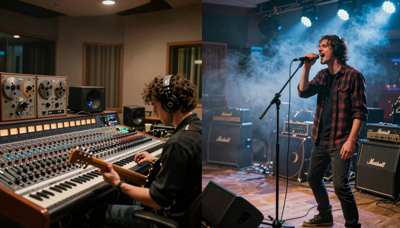 Meta opposta: studio analogico dei Pink Floyd a sinistra e concerto grunge dei Nirvana a destra, divise da una sfumatura.