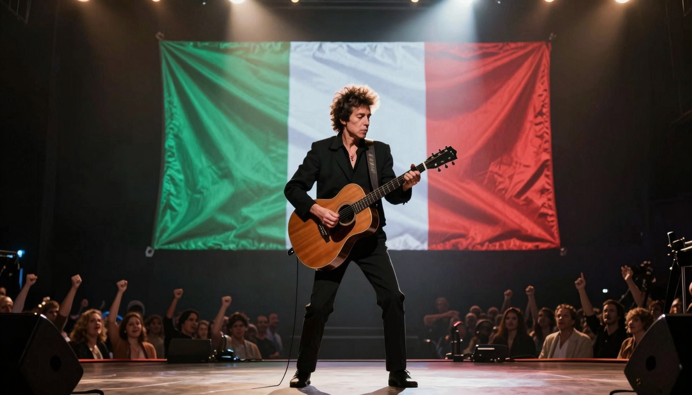 Silhouette di Bob Dylan che suona la chitarra acustica sul palco con la bandiera italiana sullo sfondo