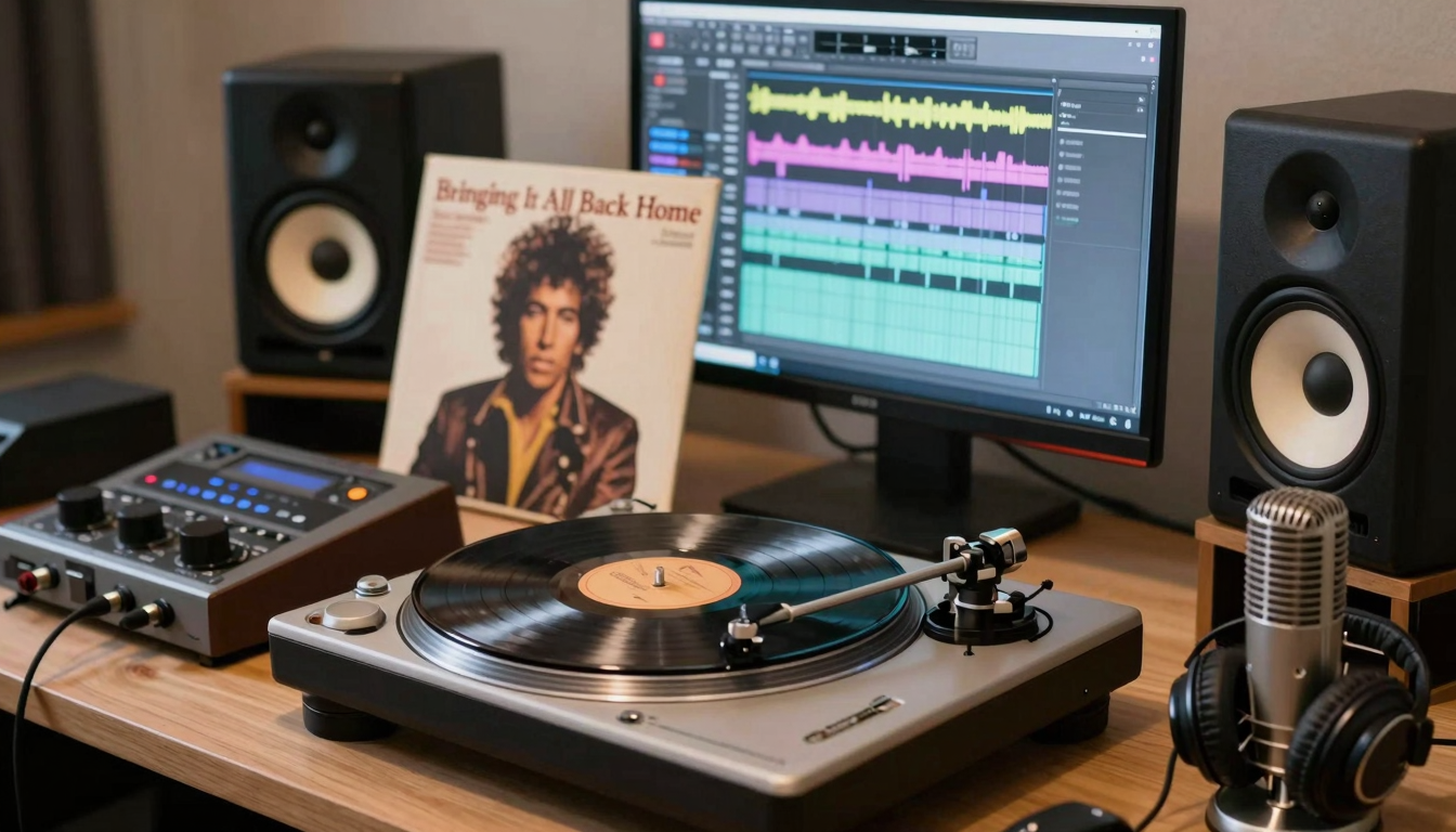 Studio di registrazione moderno con vinile di Bob Dylan e schermo DAW per il remix