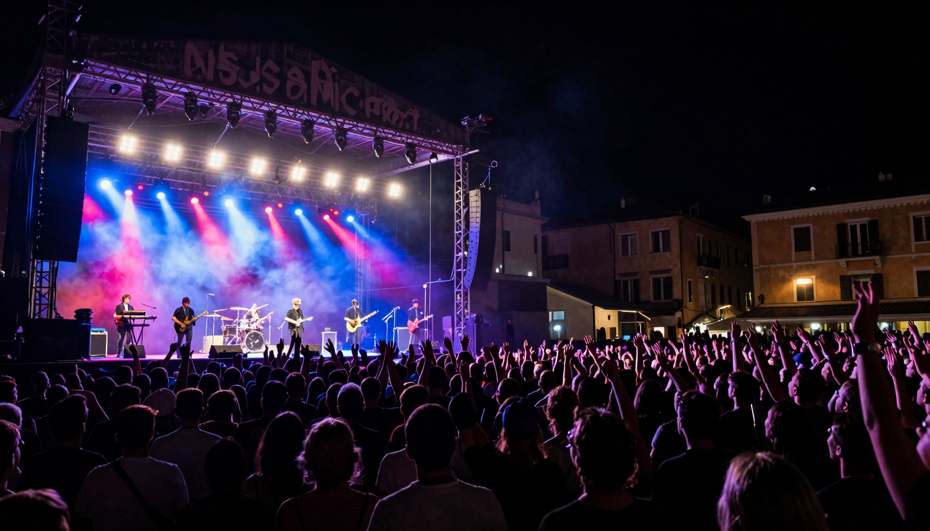 Concerto dei Subsonica durante l'Eden Tour a Cuneo nel 2011, con folla entusiasta e luci di scena viola e blu