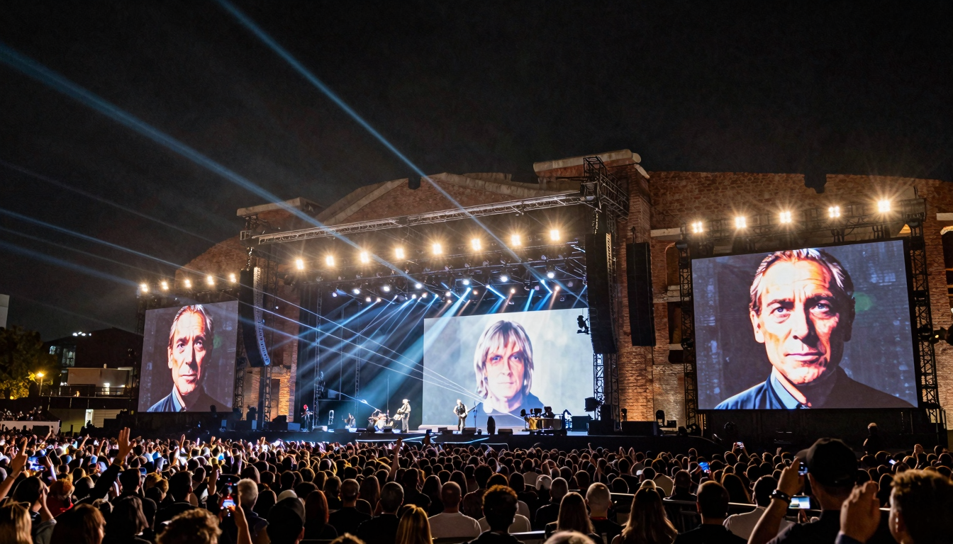 Panoramica del concerto di Roger Waters a Milano durante il tour The Wall Live, con il muro di mattoni parzialmente costruito e proiezioni giganti