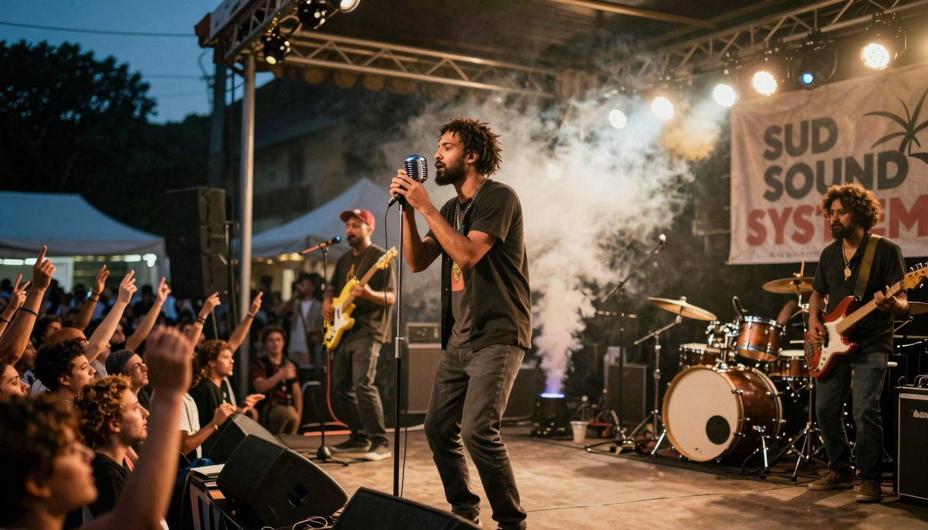 Sud Sound System in concerto dal vivo, pubblico festante e luci sceniche