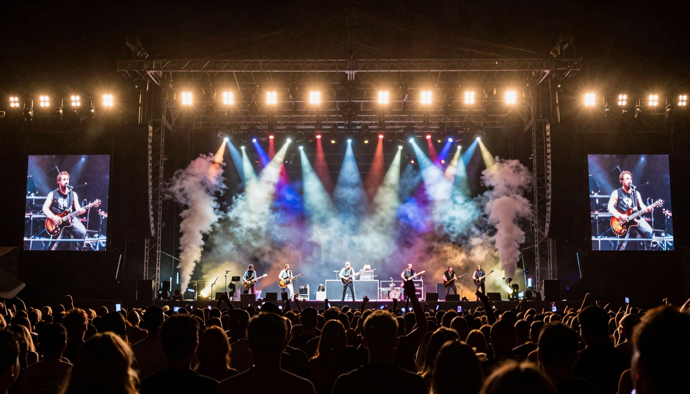 Palco di un concerto rock del 2012 con fari multicolori, fumo e folla in estasi