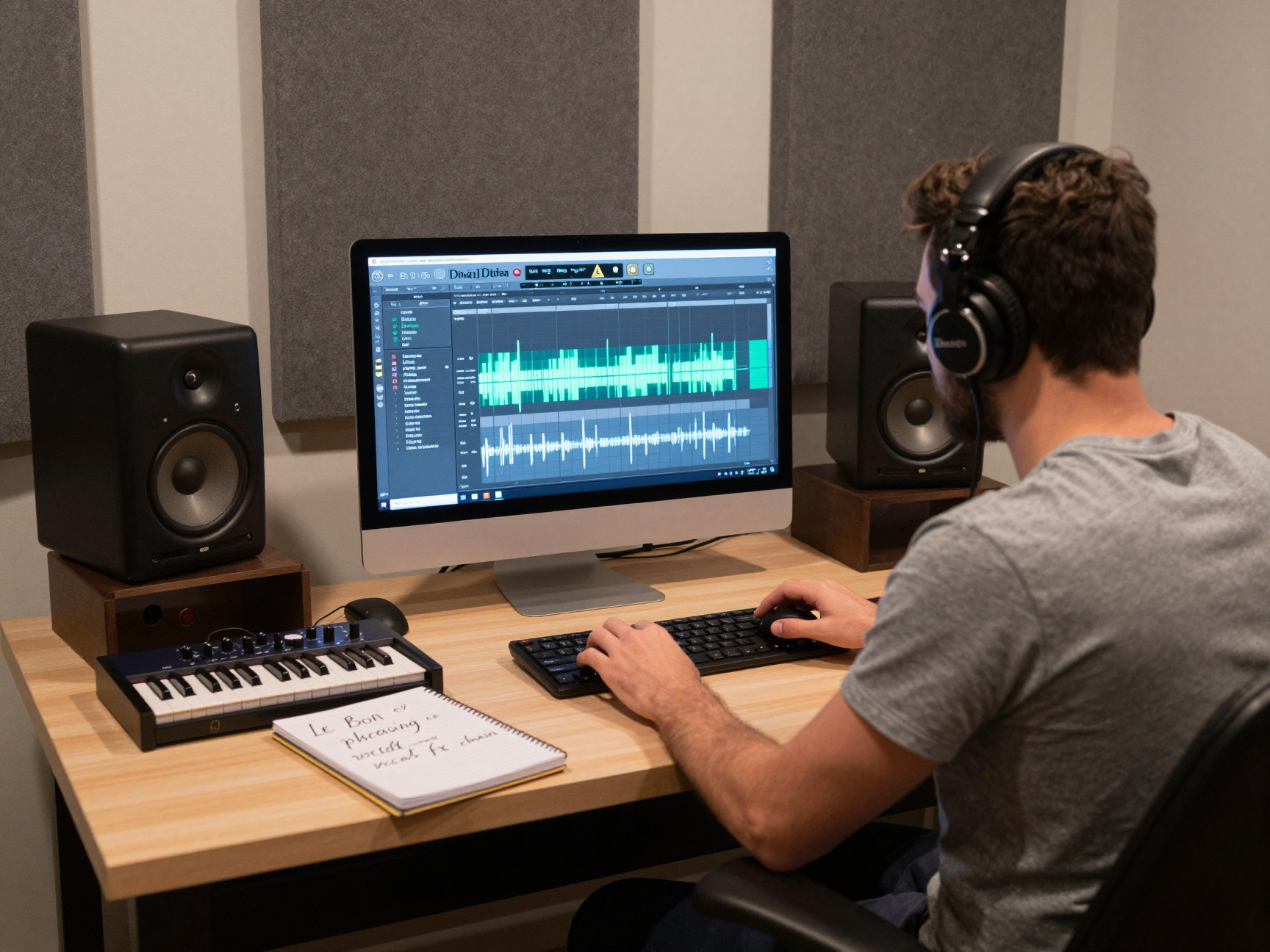 Musicista analizza un bootleg di un concerto sul software di produzione nel suo home studio attrezzato.