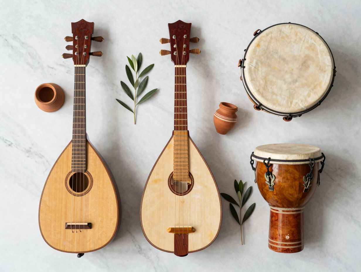 Collezione di strumenti musicali tradizionali greci disposti in flat lay: bouzouki, baglamas, laouto, lyra cretese e toubeleki